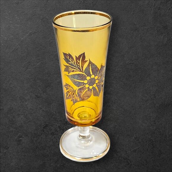 Set of 4 Vintage Footed Collins Glasses Mid-Century Libbey Style Gold Floral Red - Picture 6 of 11